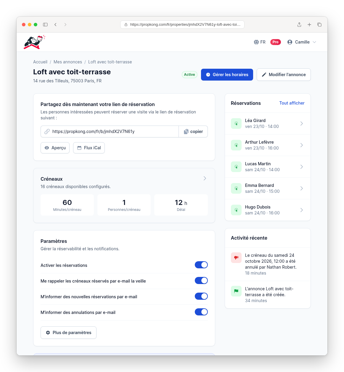 Vue d'ensemble du planning avec réservations, statut et calendrier