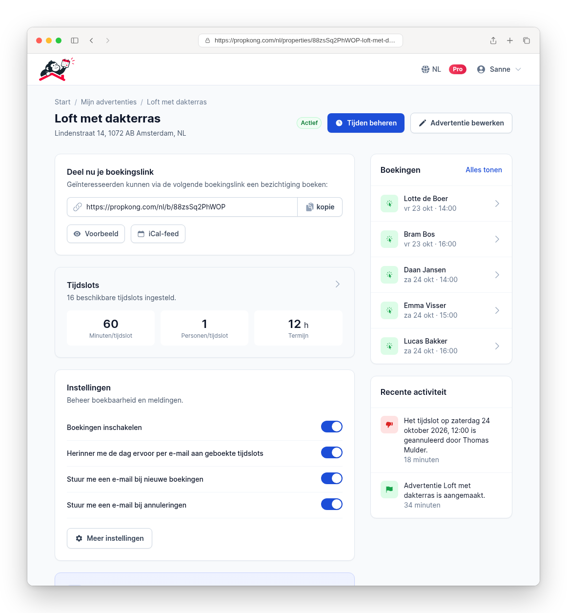 Planningsoverzicht met boekingen, status en agenda